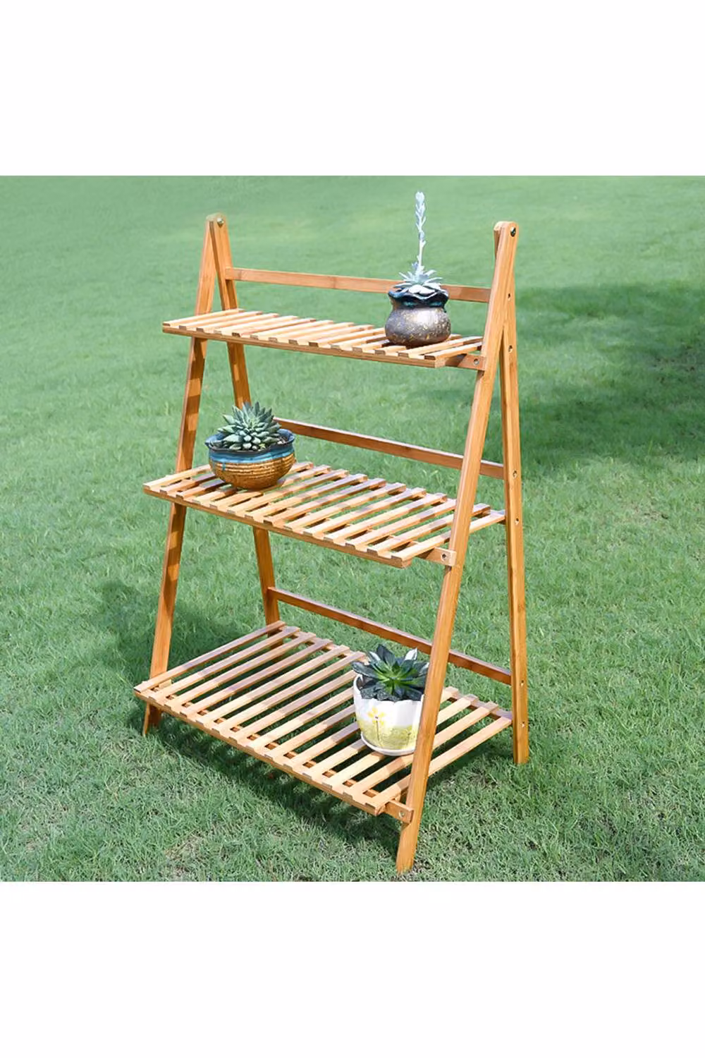 Living and Home 3-Tier Foldable Wooden Ladder Plant Stand in Natural Brown – 2