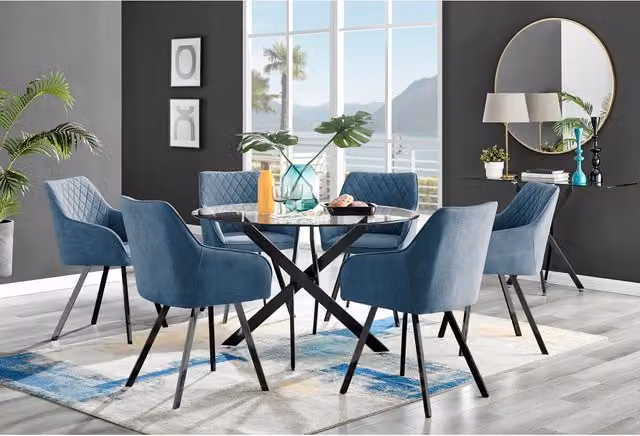 Furniturebox UK Novara Round Glass Dining Table with 6 Falun Chairs in Blue and Black