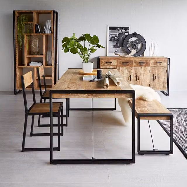 IH Design Industrial Rectangular Dining Table Set with Bench and Chairs in Brown Wood and Metal