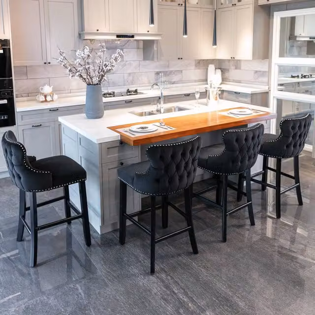HomeTouch Set of 4 Black Velvet Upholstered Bar Stools with Oak Wood Legs – 1