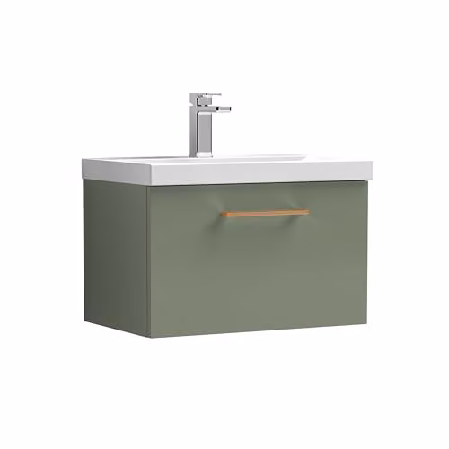 Balterley Wall Hung Single Drawer Vanity Unit with Basin and Copper D Shape Handle, Green, W: 61.0 cm, D: 39.0 cm, H: 39.9 cm