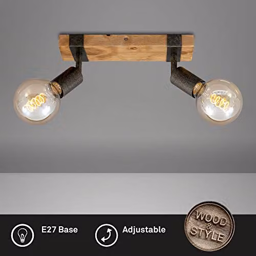 Briloner Vintage Ceiling Spotlight Bar in Grey and Wood with 2 x E27 Adjustable Spotlights, W/D/H: 28 x 10 x 9 cm – 2