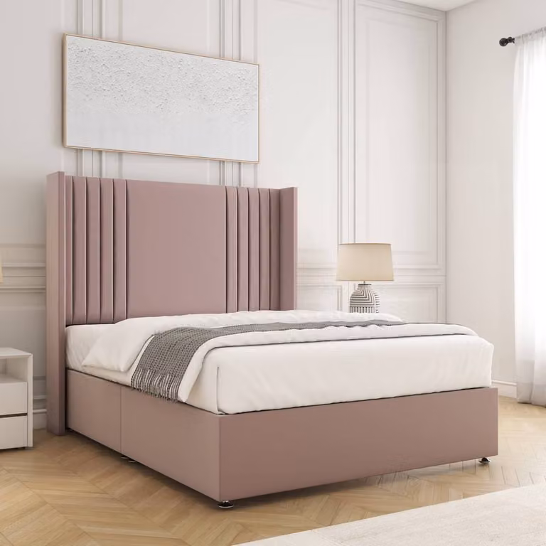 BSSPOKE Cheshire Divan Bed with 54 inch Headboard and 10 inch Mattress in Pink Plush Velvet, Size: King (W/D/H: 180 x 200 cm)