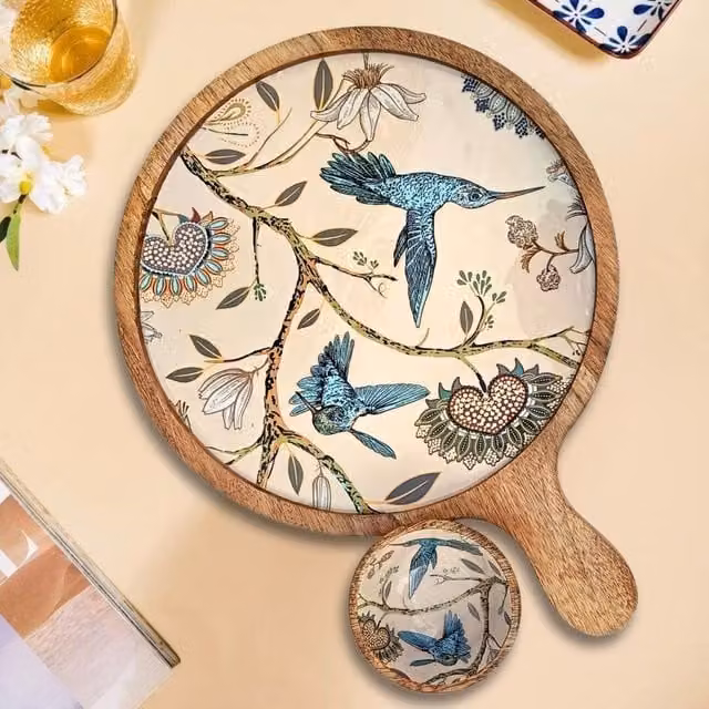 Hartsmede Handmade Mango Wood Serving Platter Tray with Bowl, Hummingbird Floral Enamel Pattern, Beige, White and Pink, Diameter: 30.48 cm