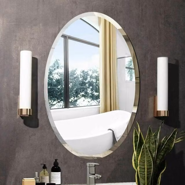 Biznest Modern Frameless Oval Wall Mounted Glass Mirror in Silver, W: 50 cm, H: 70 cm