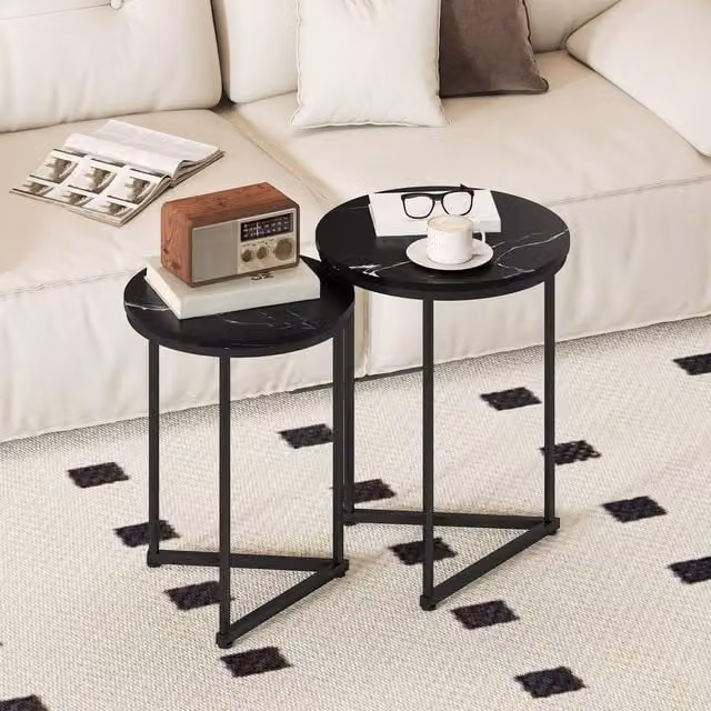 HOMCOM Set of 2 Round Nesting Coffee Tables with Black Marble Effect MDF Tops and Metal Frames