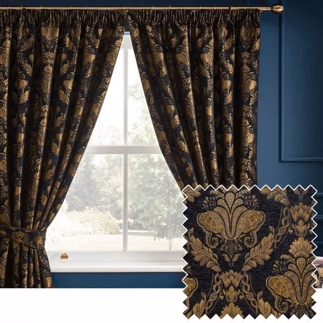 Make it a Home Shiraz Damask Chenille Pencil Pleat Curtains in Black with Gold, Height: 228 cm