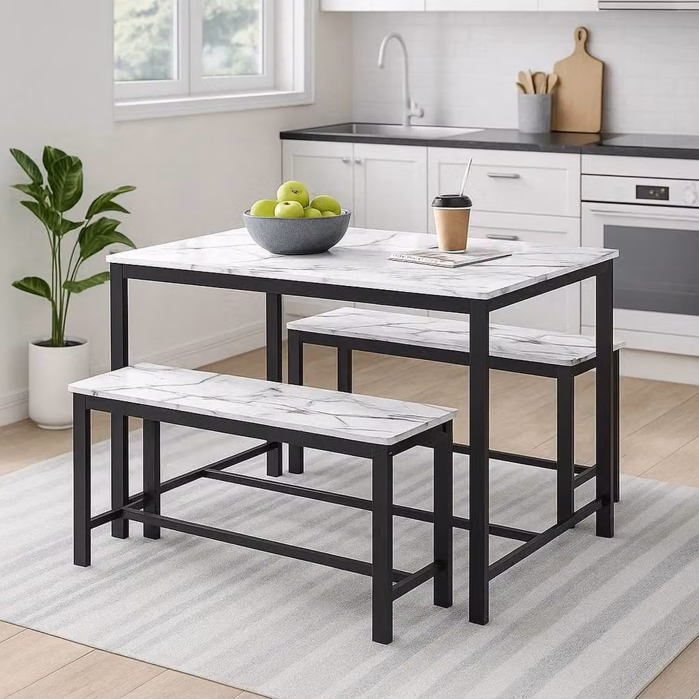 PAWNORA 3 Piece Modern White Marble Kitchen Dining Set with Table and Benches – 3