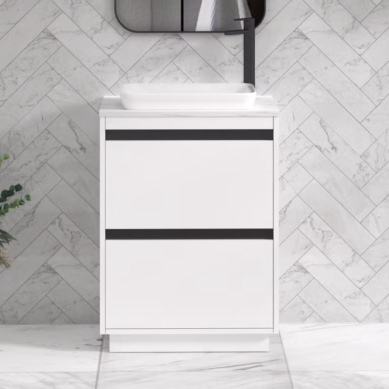 Royal Bathrooms Orion 600mm Matt White Floor Standing 2 Drawer Vanity Unit with Qubix Basin and Black Accent Trim