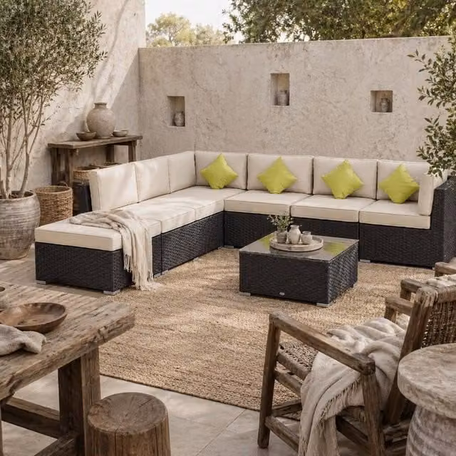 Wyld Haus Dobazi 6 Seater Modular Corner Sofa Set in Mixed Brown PE Rattan with Cushions – 1