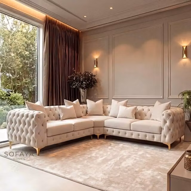 Sofaya Monaco Chesterfield 5 Seater Corner Sofa in Beige Velvet, W: 220 cm, D: 70 cm, H: 74 cm – 1