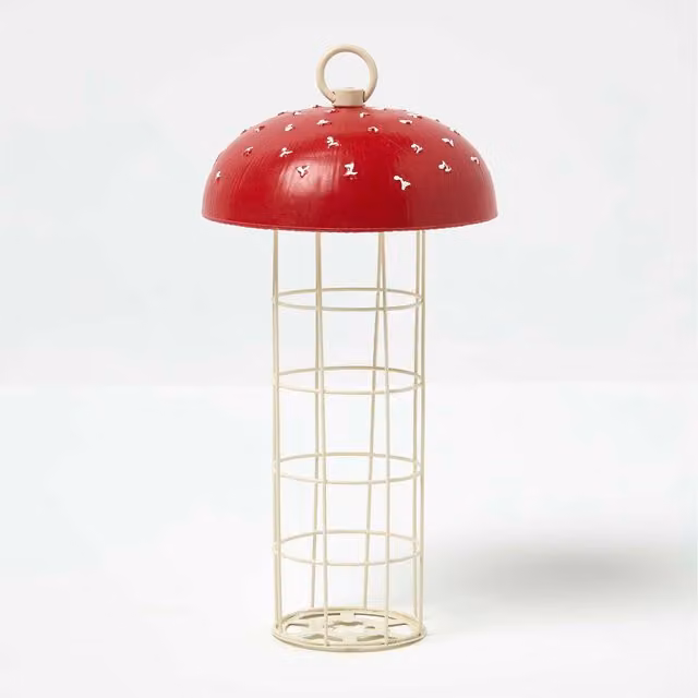 Homescapes Red Mushroom Hanging Bird Feeder with Rustic Dotted Design
