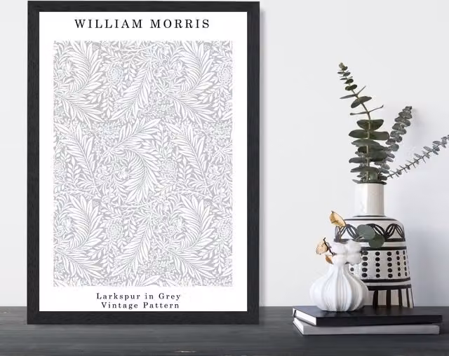 ARTZE William Morris Larkspur Floral Art Print in Grey with Black Frame, Size: 29.7 x 42.0 cm