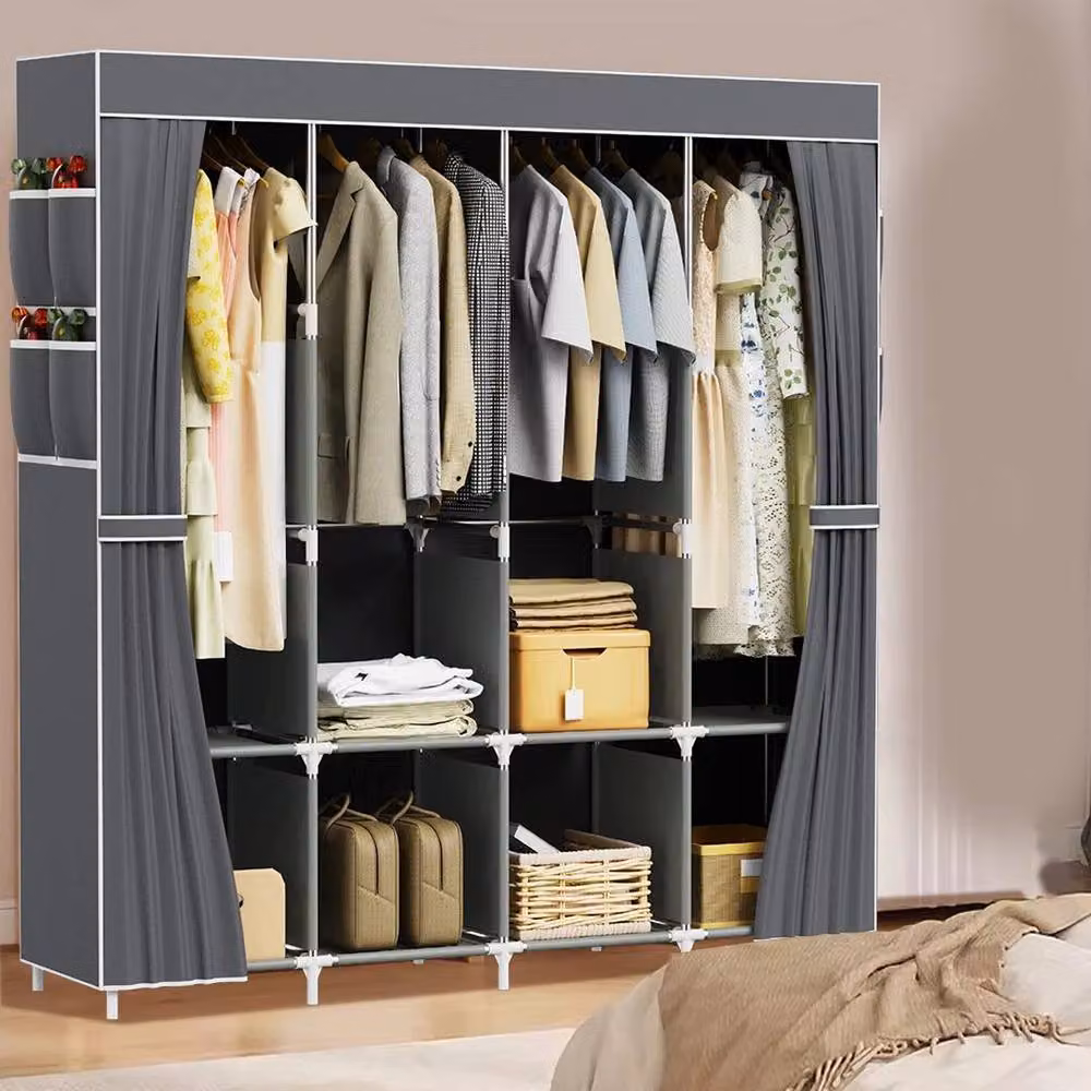PAWNORA Grey Canvas Fabric Wardrobe with Hanging Rod and Internal Shelves, W: 45.0 cm, D: 45.0 cm, H: 170.0 cm – 6