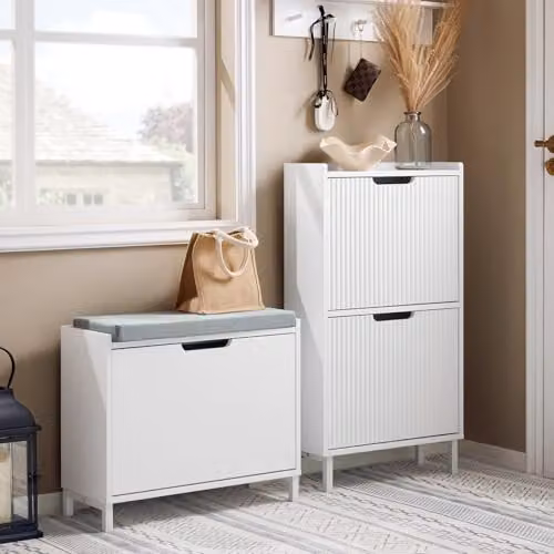 SoBuy Modern Shoe Storage Bench with Seat Cushion and Flip Drawer for Hallway or Living Room, W: 60 cm, D: 15 cm, H: 52 cm – 4