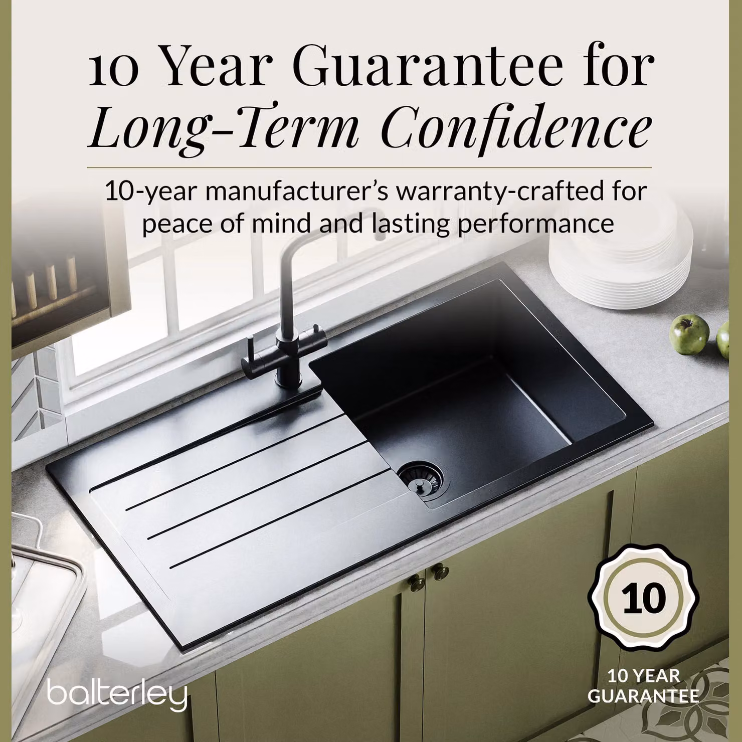 Balterley Reversible Single Bowl Composite Kitchen Sink with Drainer and Overflow, Matt Black, Width: 100 cm – 5