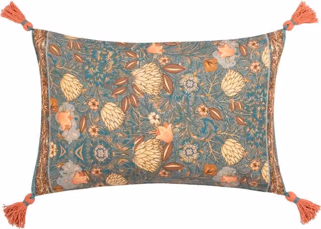 Make it a Home Blue Floral Tasselled Rectangular Cushion in Cotton and Polyester