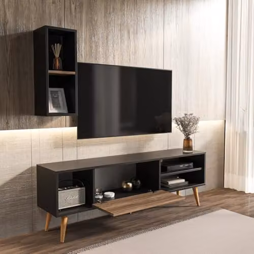 DECOROTIKA Rans TV Stand and Wall Shelf Unit with Cable Management, Black, W: 160 cm, H: 53.5 cm, D: 35 cm – 2
