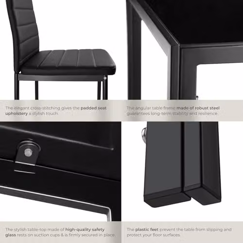tectake Modern Dining Table Set with 6 Black Faux Leather Chairs and Glass Top – 5