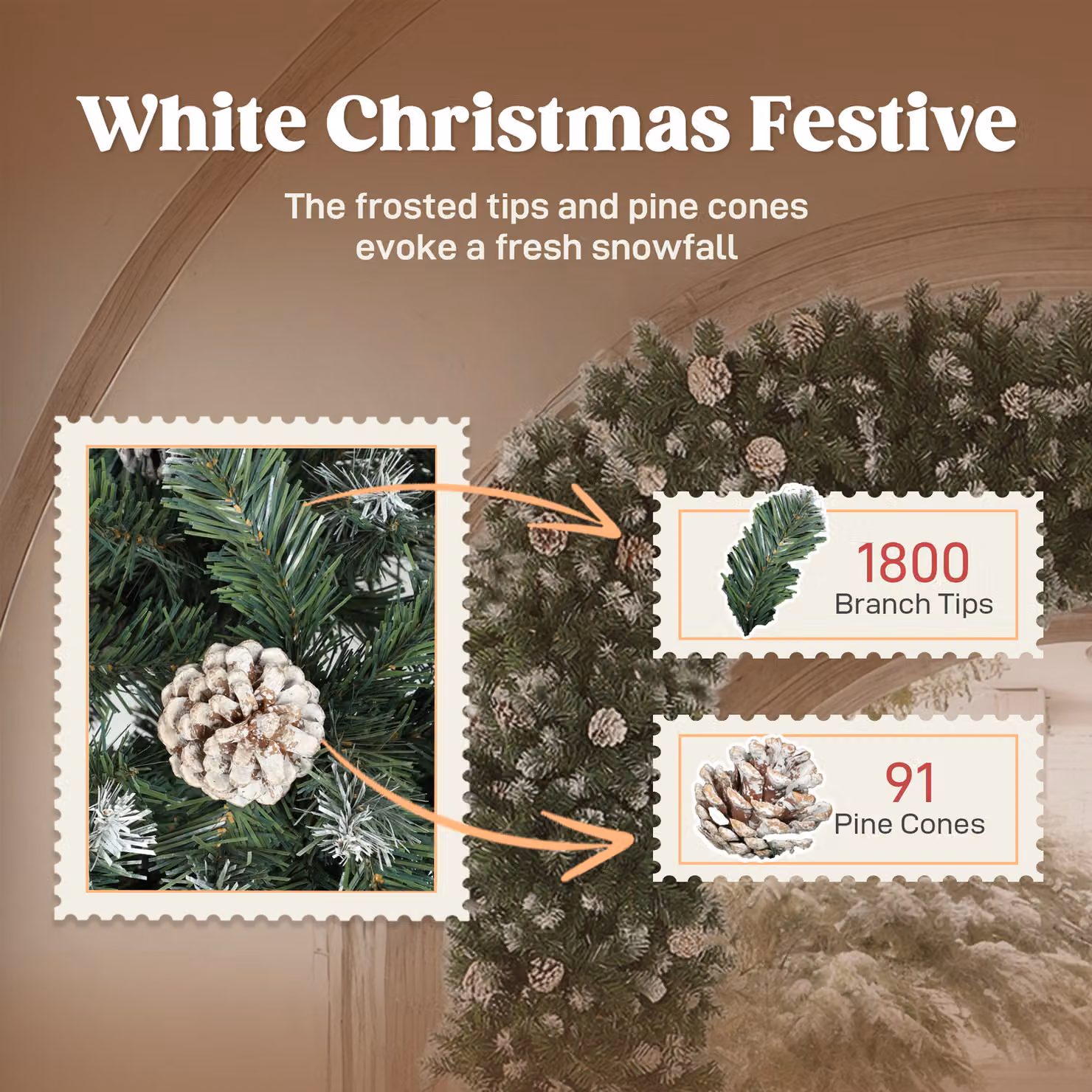 HOMCOM Snow Frosted Christmas Tree Arch in Green with 1800 Tips and 91 Pinecones and Metal Stand – 5