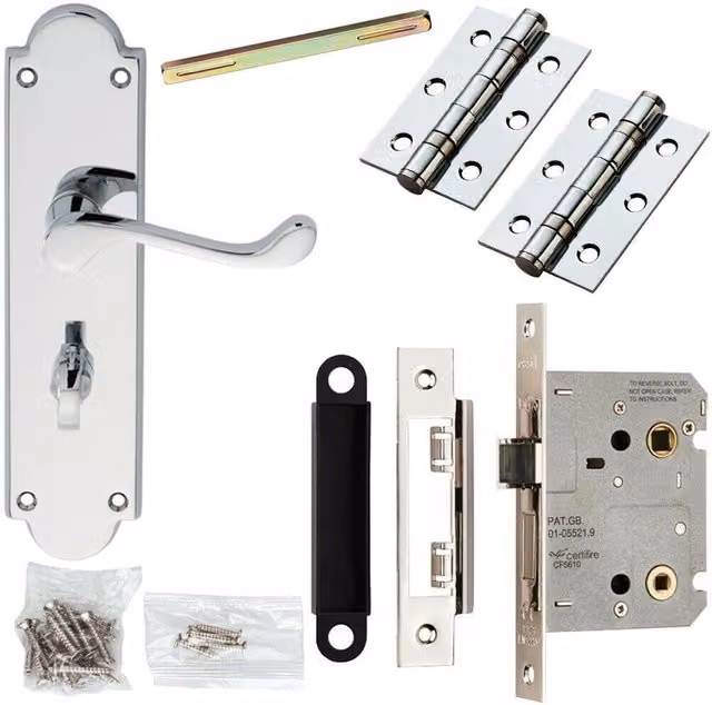 Loops Victorian Scroll Door Handle and Bathroom Lock Pack in Chrome, Backplate W: 49 mm, H: 205 mm