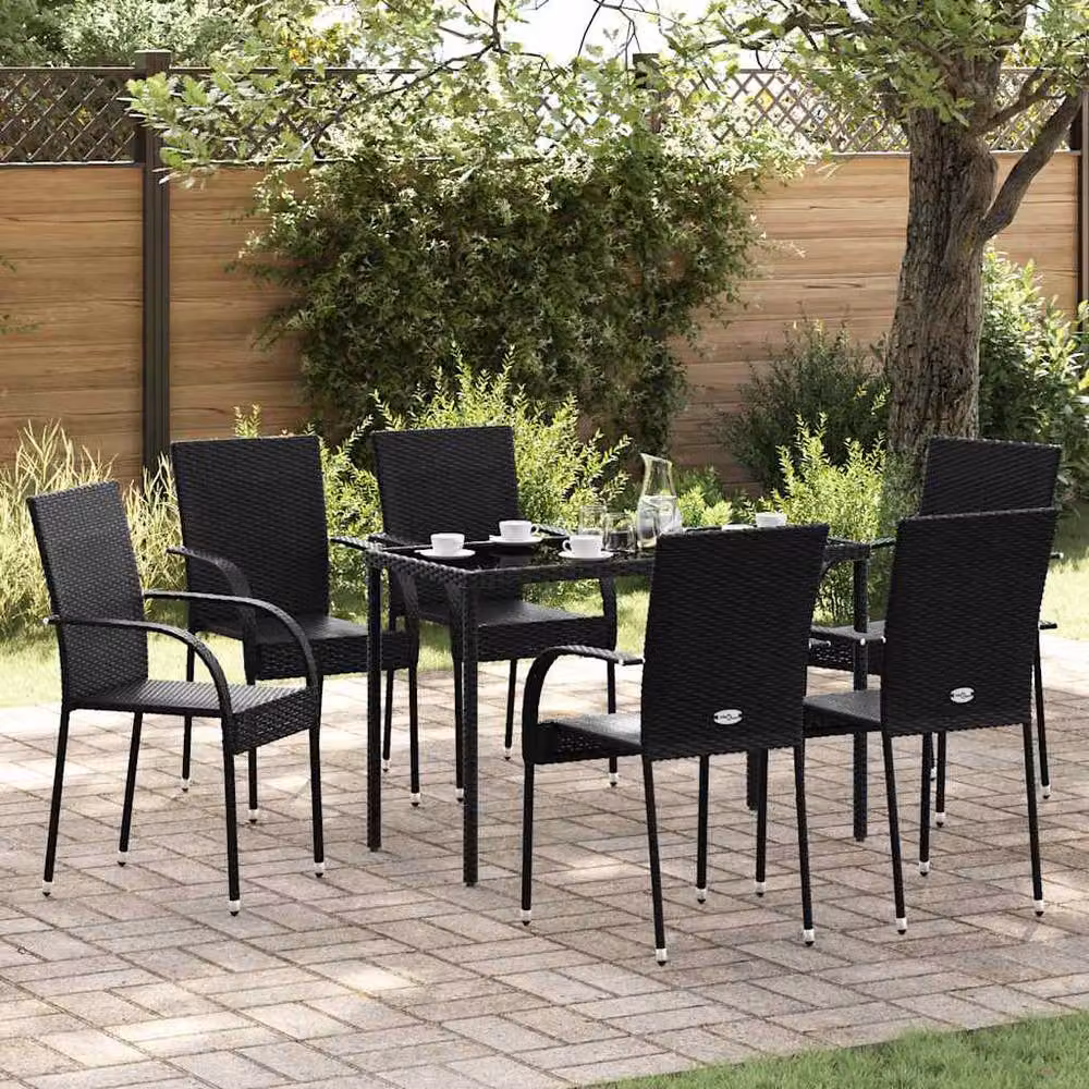 Berkfield Home Set of 6 Stackable Black Poly Rattan Outdoor Chairs with Armrests – 2