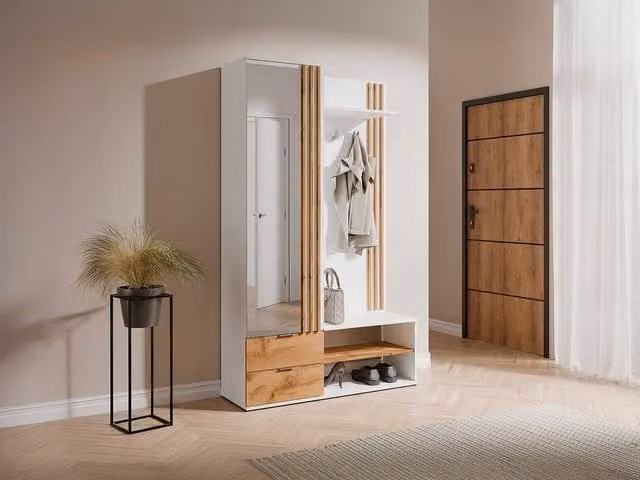 Vente-unique JANAKIA Modern Wardrobe with Mirror, Integrated Drawers and Open Shelving in White and Light Oak