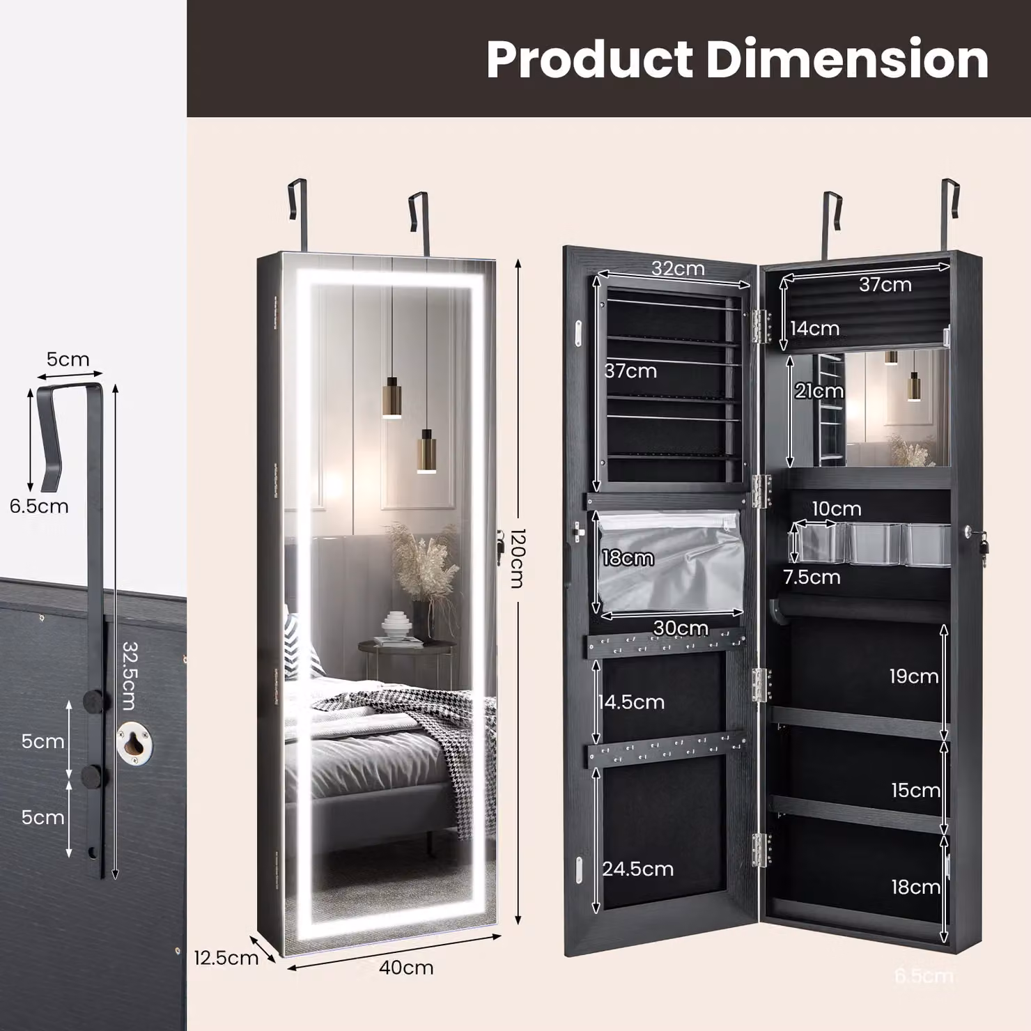 Costway Full Length Mirror Jewelry Cabinet with 3 Colour Lights, Black, Wall Mounted or Door Hanging – 2