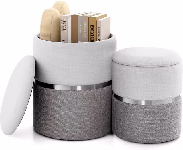 Gymax 2 Pack Round Linen Fabric Ottoman Vanity Stools in Beige