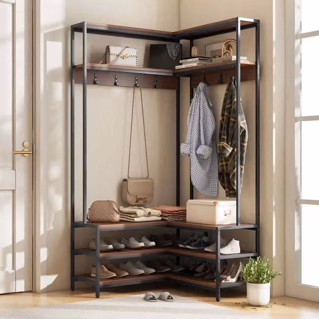 VOGREX Walnut L-Shaped Corner Hall Tree with Shoe Bench and Metal Hooks in Brown and Black – 1