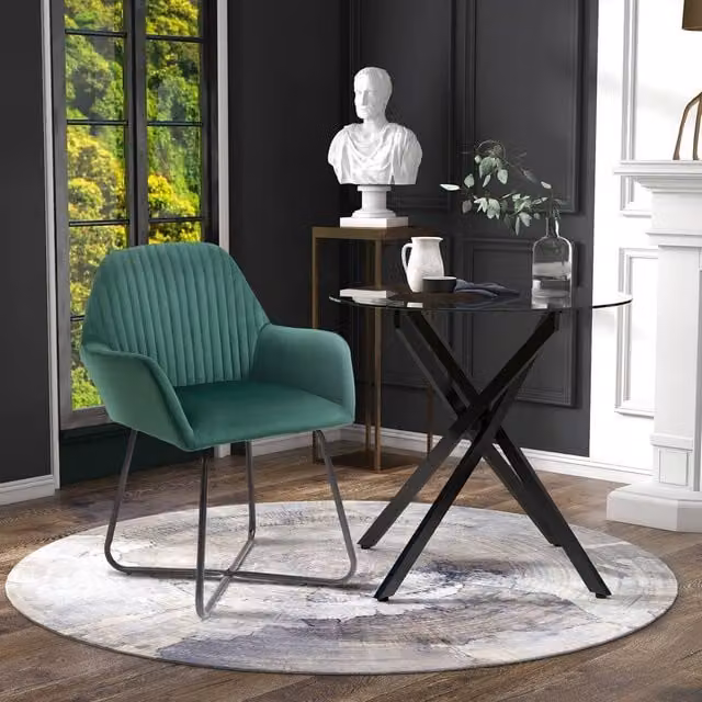 HOMCOM Round Glass Dining Table and Green Velvet Chair Set, W/D/H: 80 x 80 x 80 cm – 1