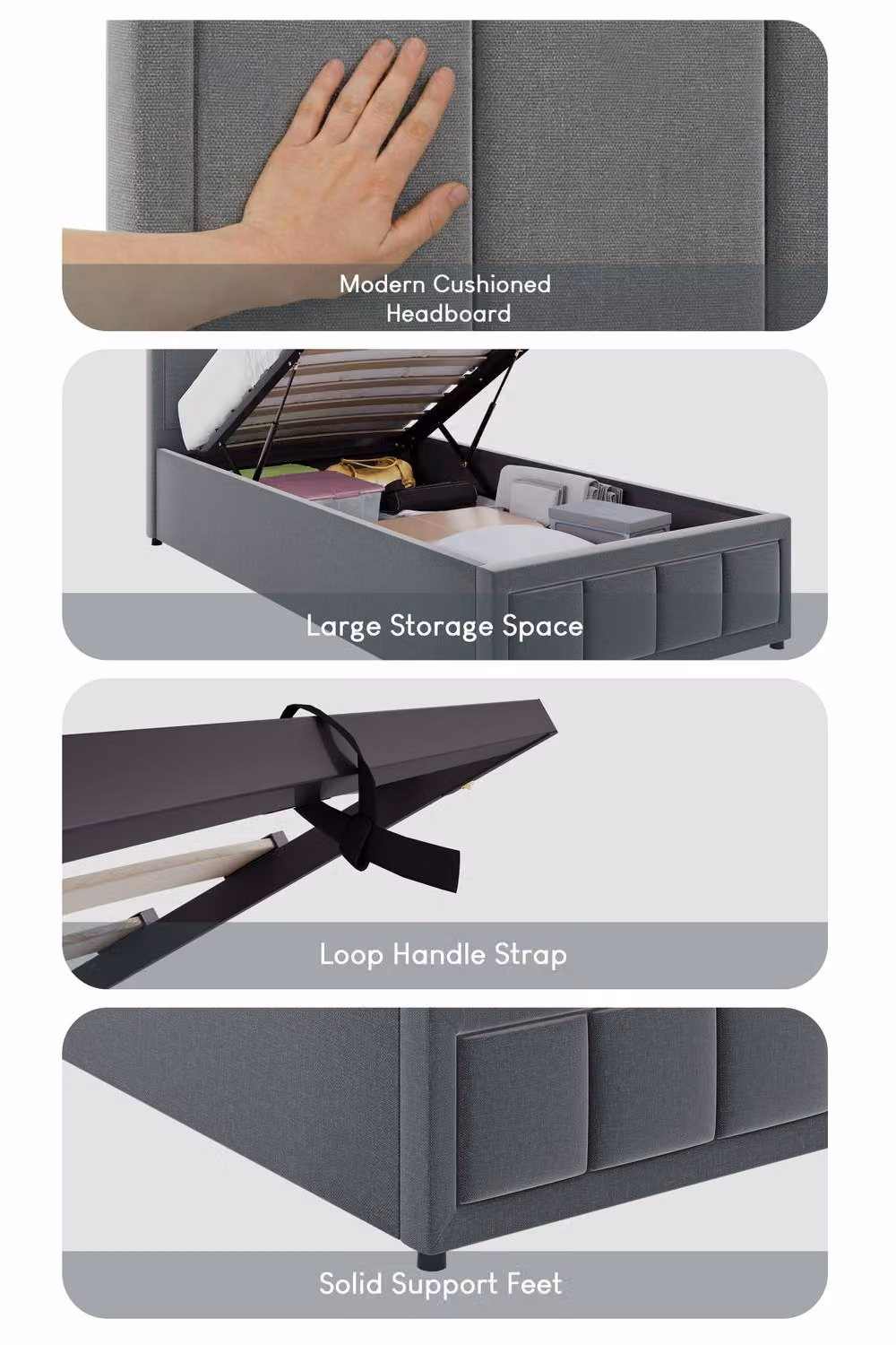 Vida Designs Vanita Single Ottoman Bed Frame in Light Grey Linen Fabric with Lift Up Storage Base – 2