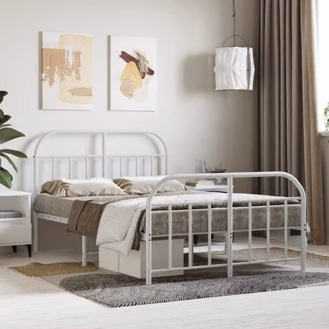 Berkfield Home Metal Bed Frame with Headboard and Footboard in White, W/D/H: 120 x 200 cm