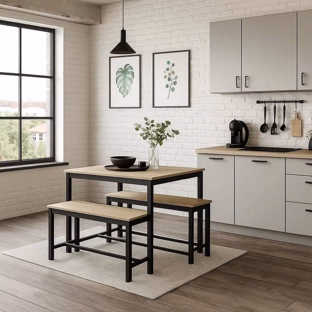 PAWNORA 3 Piece Modern Oak Kitchen Dining Set with Table and Benches in Light Oak and Beige – 3