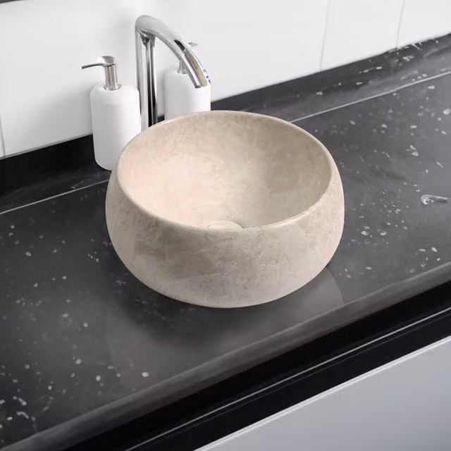 Limoge 7812 Ceramic Domed Round Countertop Basin in Grey Stone Effect, W: 40 cm, D: 40 cm, H: 8 cm – 1