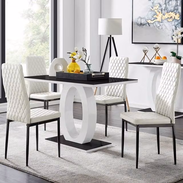 FurnitureboxUK Giovani White Rectangular Glass Dining Table and 4 Milan Black Faux Leather Chairs with Black Legs