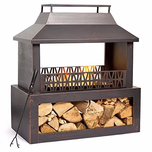 VonHaus Steel Chiminea Outdoor Fireplace with Wood Store in Black, H 90.0 cm x W 82.0 cm x D 45.0 cm