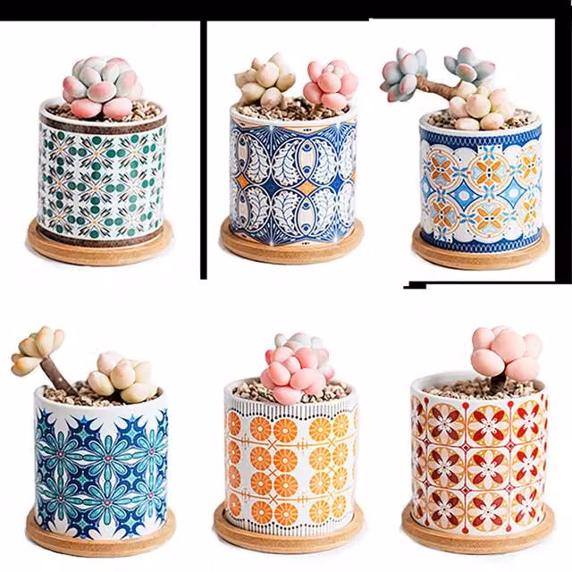 Simpa 6-Piece Multicolour Bohemian Pattern Ceramic Plant Pots with Bamboo Bases