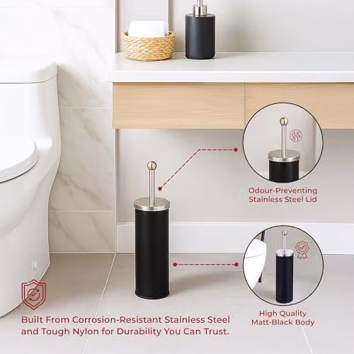 iTrend 3L Black Pedal Dustbin and Toilet Brush Set with Holder, Made from Powder Coated Steel and Stainless Steel – 2