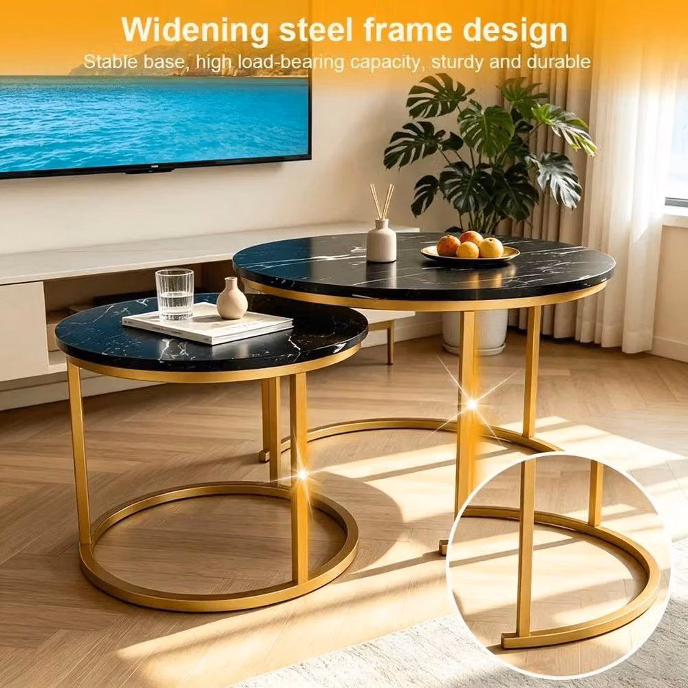 EONLION Set of 2 Round Black Nesting Coffee Tables with Marble Tops – 3