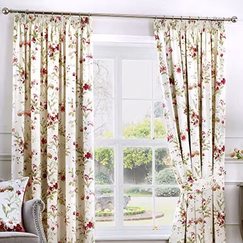 Fusion Jeannie Red Floral Cotton Pencil Pleat Curtains, W: 168 cm, H: 137 cm