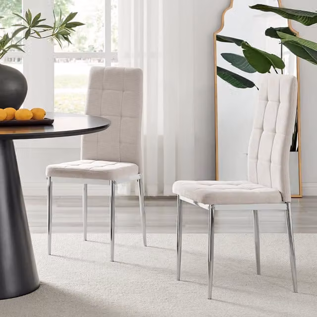 FurnitureboxUK Set of 2 Paloma Upholstered Fabric Kitchen Dining Chairs with Silver Metal Legs in Beige