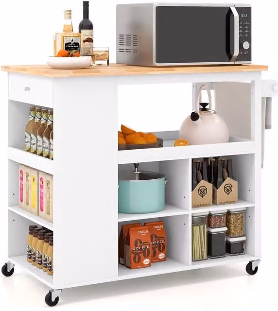 Gymax Kitchen Island Cart Serving Trolley with 4 Adjustable Shelves and Spice Racks in White Rubberwood