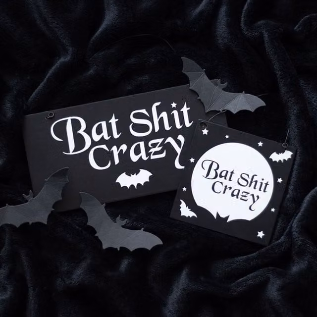 KDMK Bat Shit Crazy Moon Sign Hanging Square Typography Wall Art in Black