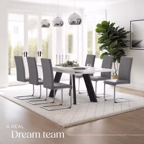 tectake Set of 6 Bettina Dining Chairs in Grey with Synthetic Leather and Metal Cantilever Base – 2