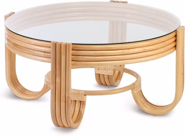 Desser Pretzel Cane Coffee Table in Green and Beige with Glass and Rattan