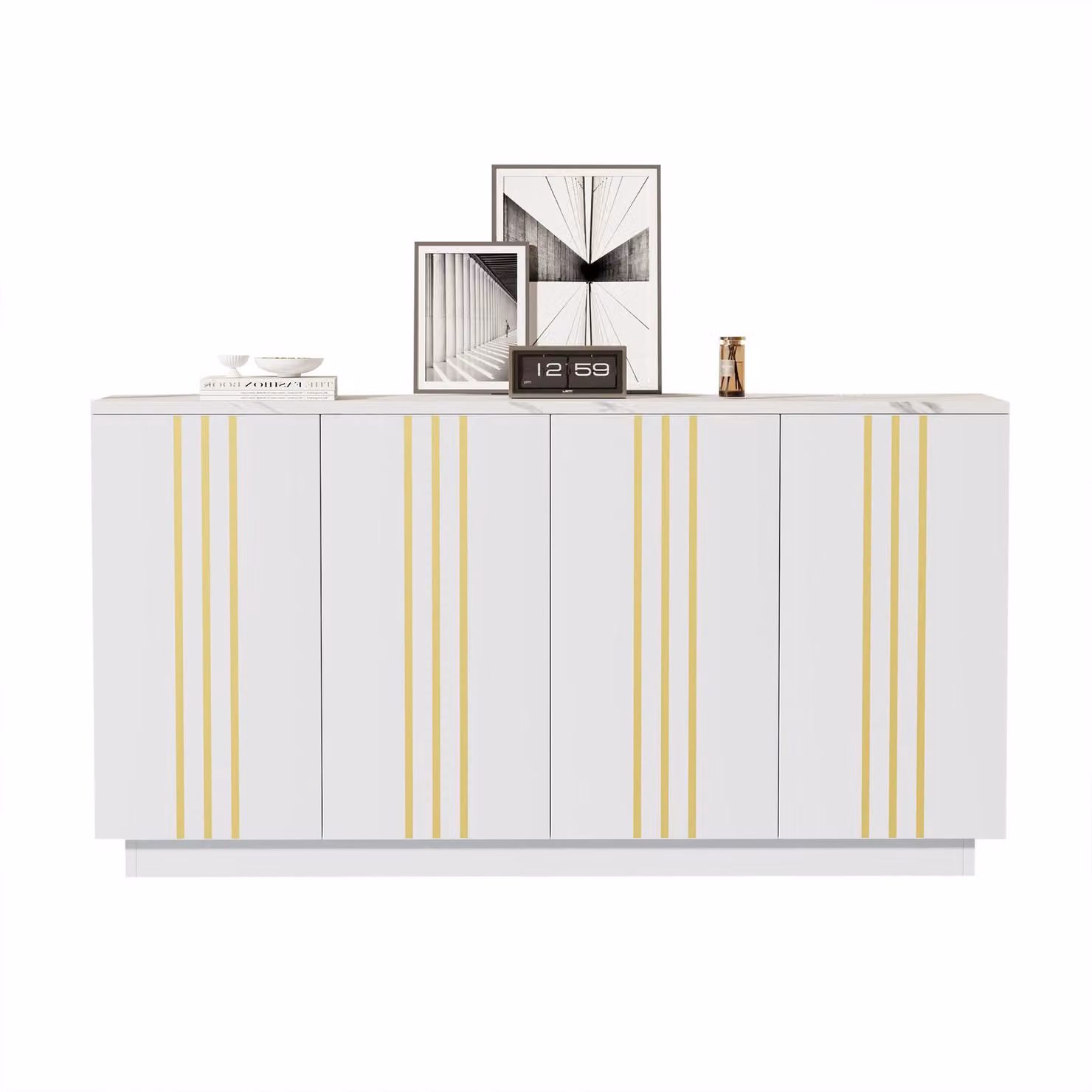 Aosom UK White Living Room Sideboard with 4 Doors and Gold Metallic Vertical Lines, W: 140 cm, D: 35 cm, H: 70 cm – 2
