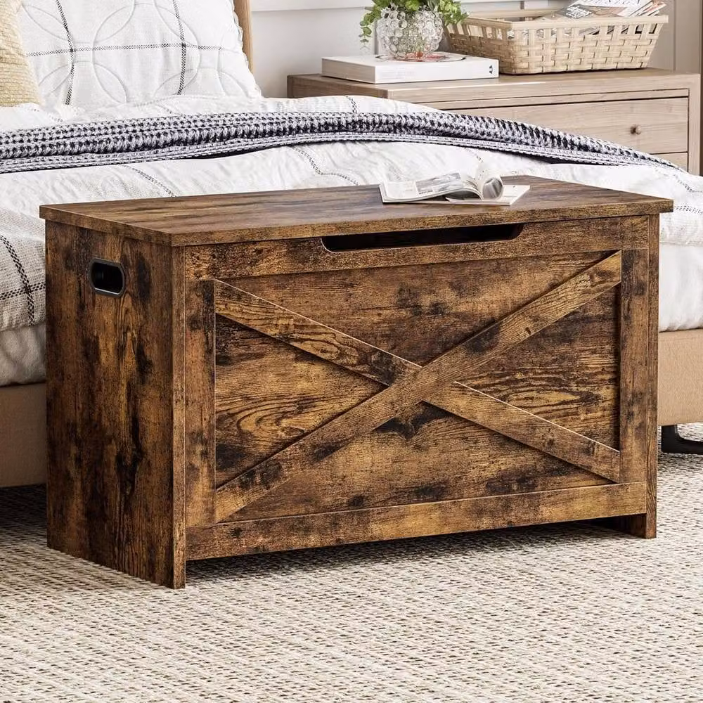 London Boutique Rustic Wood Storage Chest and Shoe Bench in Brown – 2
