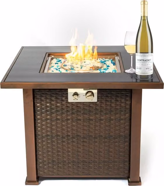 OSTARA Wicker Table and Fire Pit in Brown and Blue with Glass Top