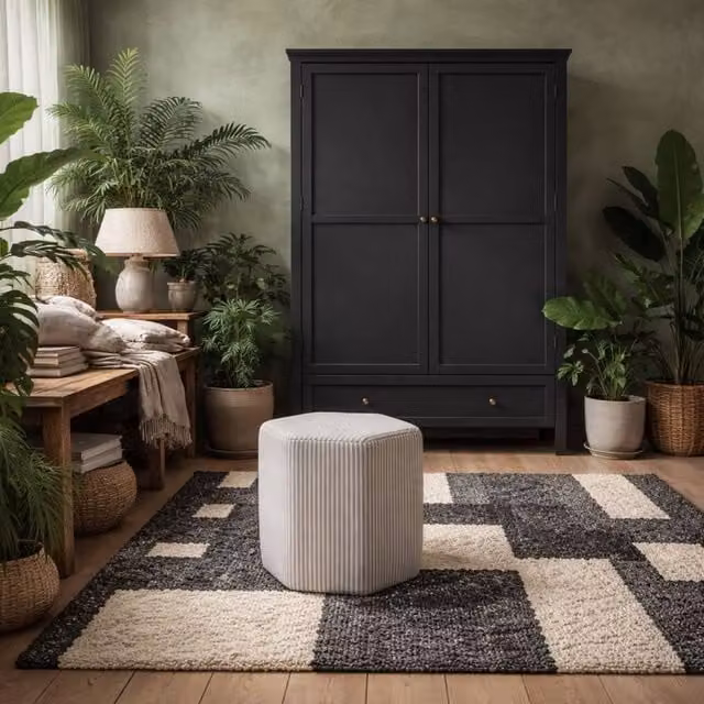 Wyld Haus Isabella Hexagonal Upholstered Stool in Grey and White Stripe, W/D/H: 45.5 x 42.0 x 38.5 cm